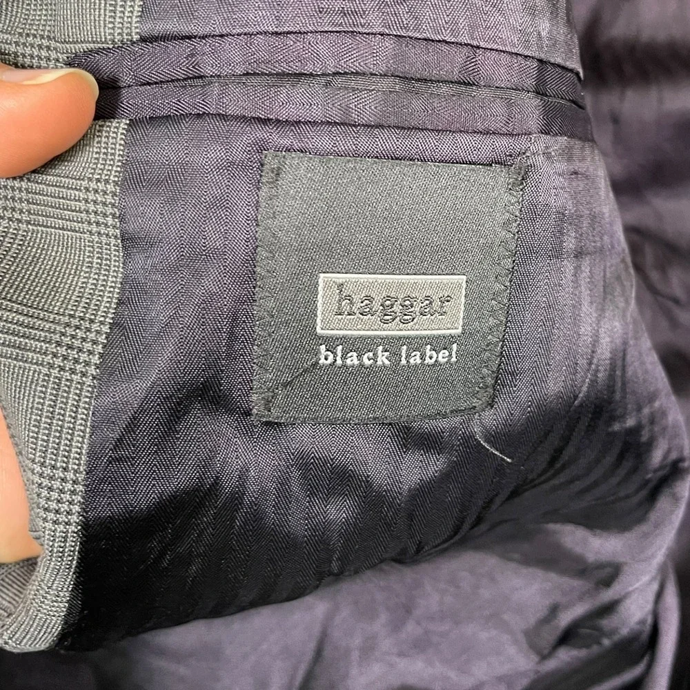 Haggar Black Label 46R 38x29 Grey Suit Set Glen Plaid Wool Blend Blazer Trousers
